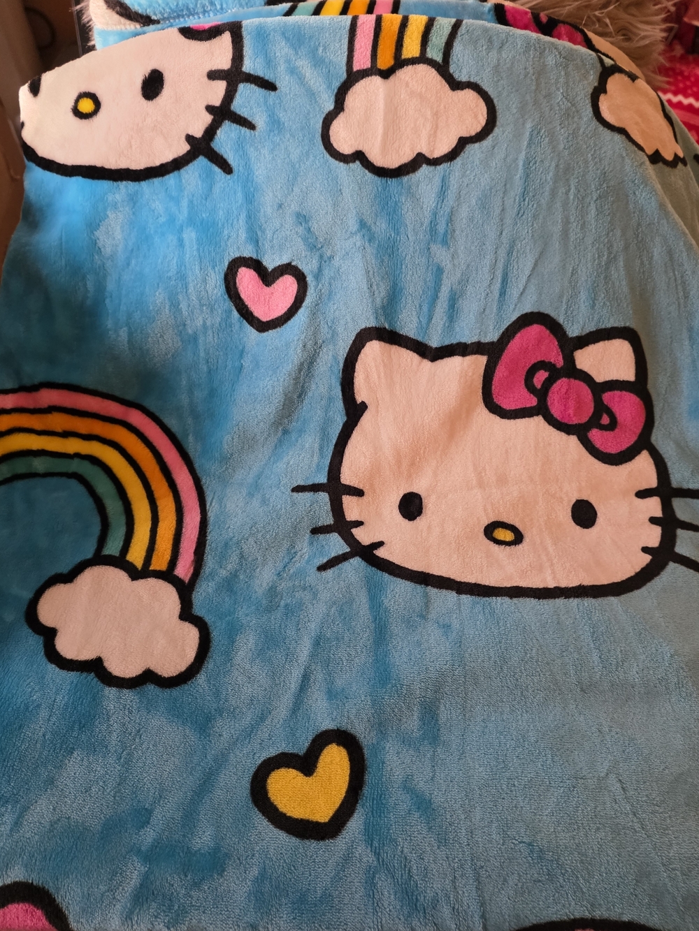 Hello Kitty Blue Queen Size Blanket with Pink and Yellow Accents